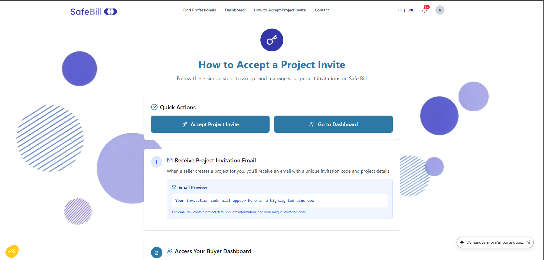Safe-Bill project invitation and onboarding flow